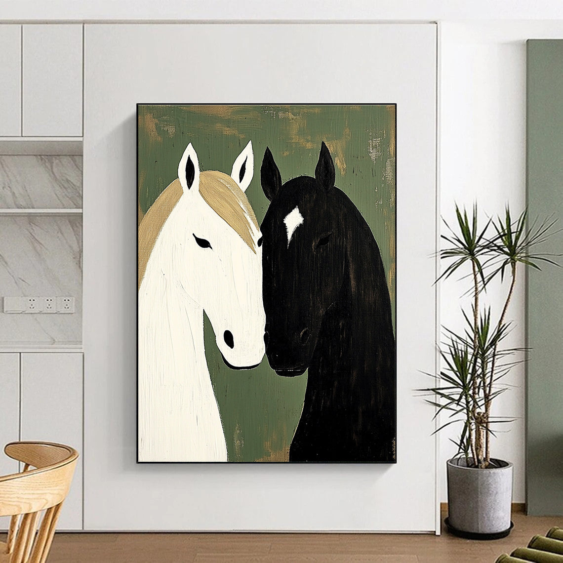 A large abstract painting featuring two horses in neutral tones against a green vintage farmhouse backdrop with a textured finish.STSC1453