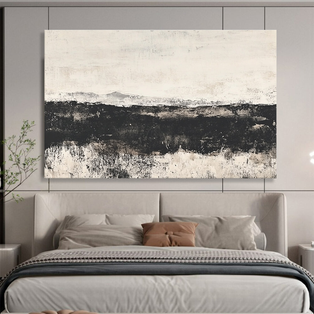 Large abstract painting of the English countryside featuring an open field and distant hills with a textured watercolor effect and calming gray gradient backdrop.SC014