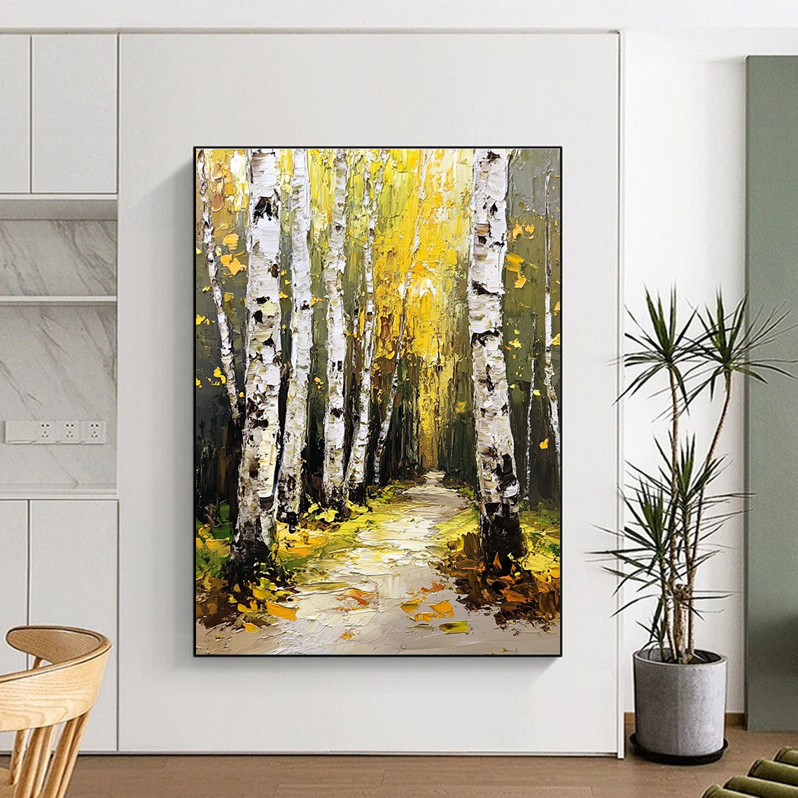 Abstract painting of a birch forest with green and yellow leaves thick white bark trees and a path illuminated by light.STSC1272