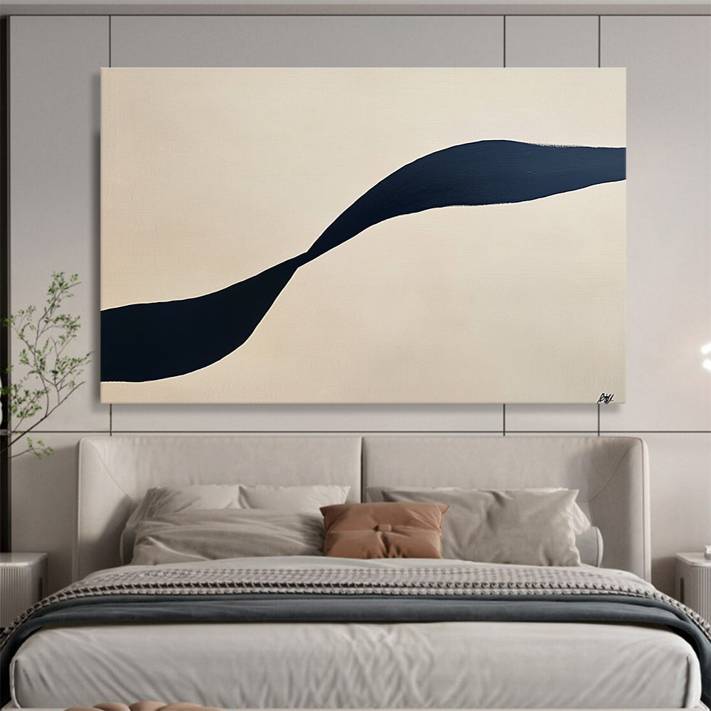 Large abstract painting featuring a single black curved line on a cream background for minimalist aesthetic appeal.SC587