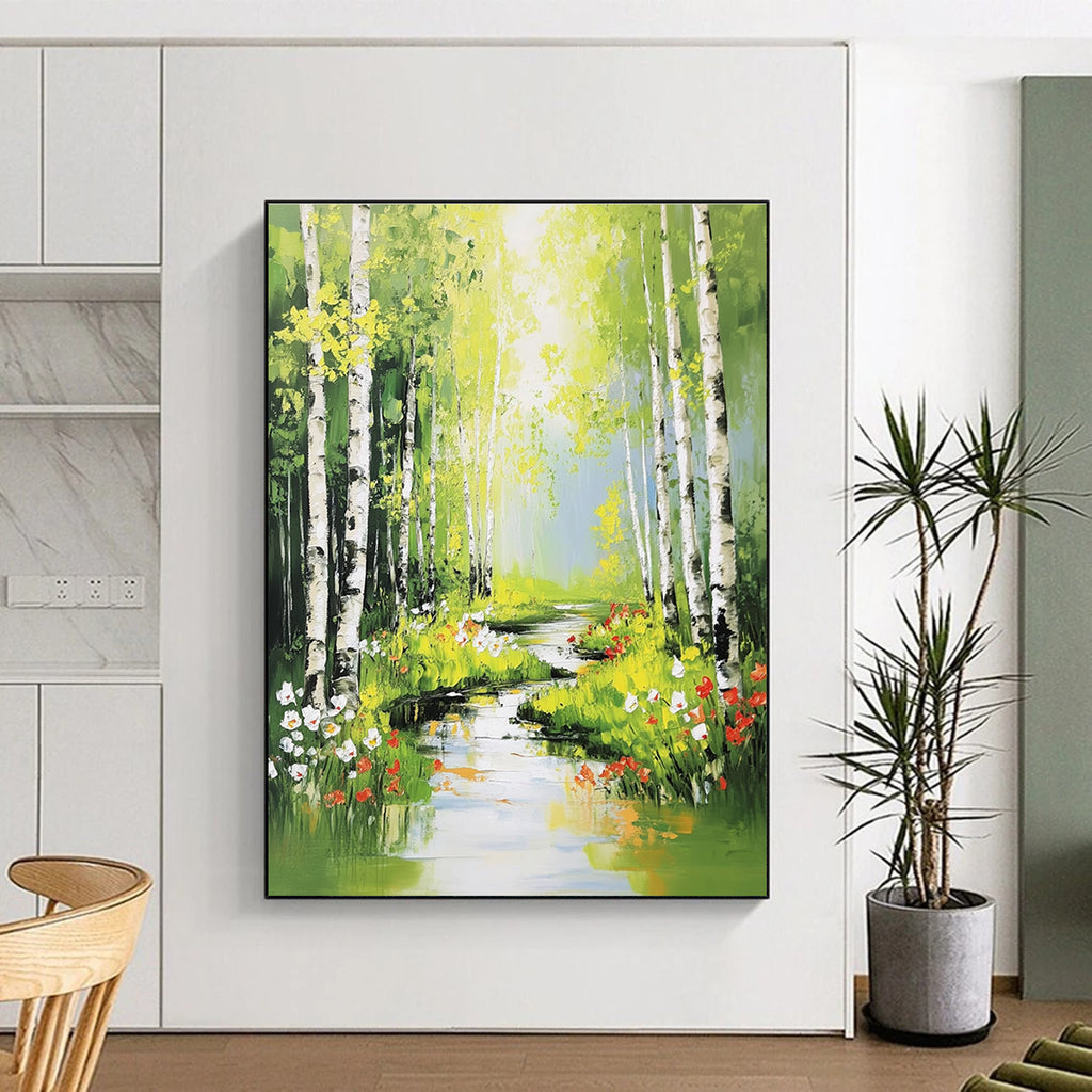 Large abstract painting of serene birch trees flowers and sunlight streaming through leaves in vibrant colors and bold brushstrokes.STSC897