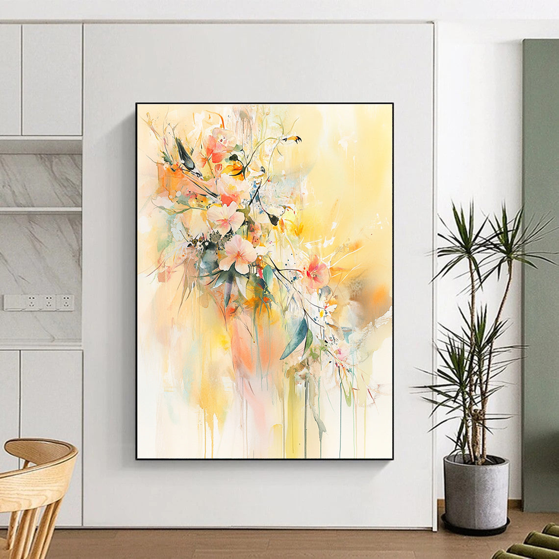 Large abstract watercolor painting featuring flowers and leaves with delicate birds on a light yellow background in soft pastel tones.STSC501