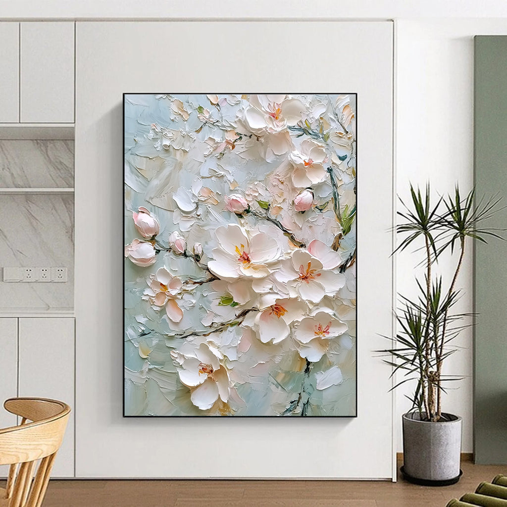 Large abstract painting of cherry blossoms in soft colors with intricate details and textural elements on a light gray background.STSC1364