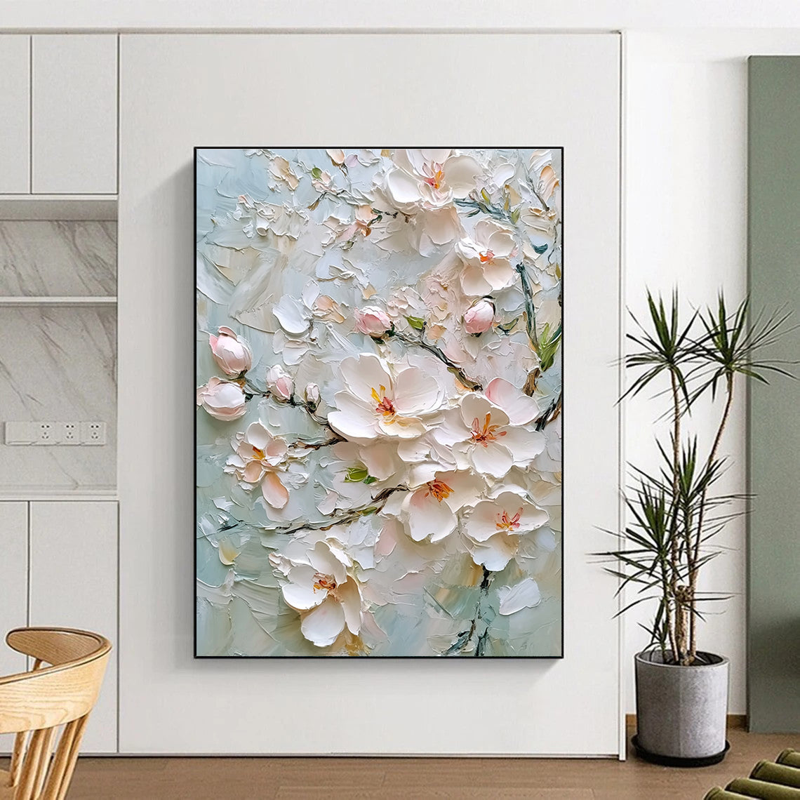 Large abstract painting of cherry blossoms in soft colors with intricate details and textural elements on a light gray background.STSC1364