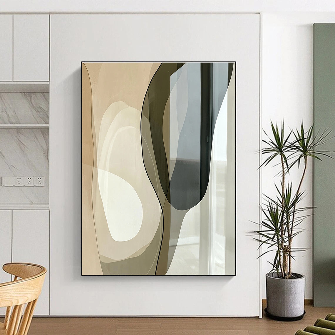 Beige and Black Curved Abstract Painting with Transparent Elements GER045