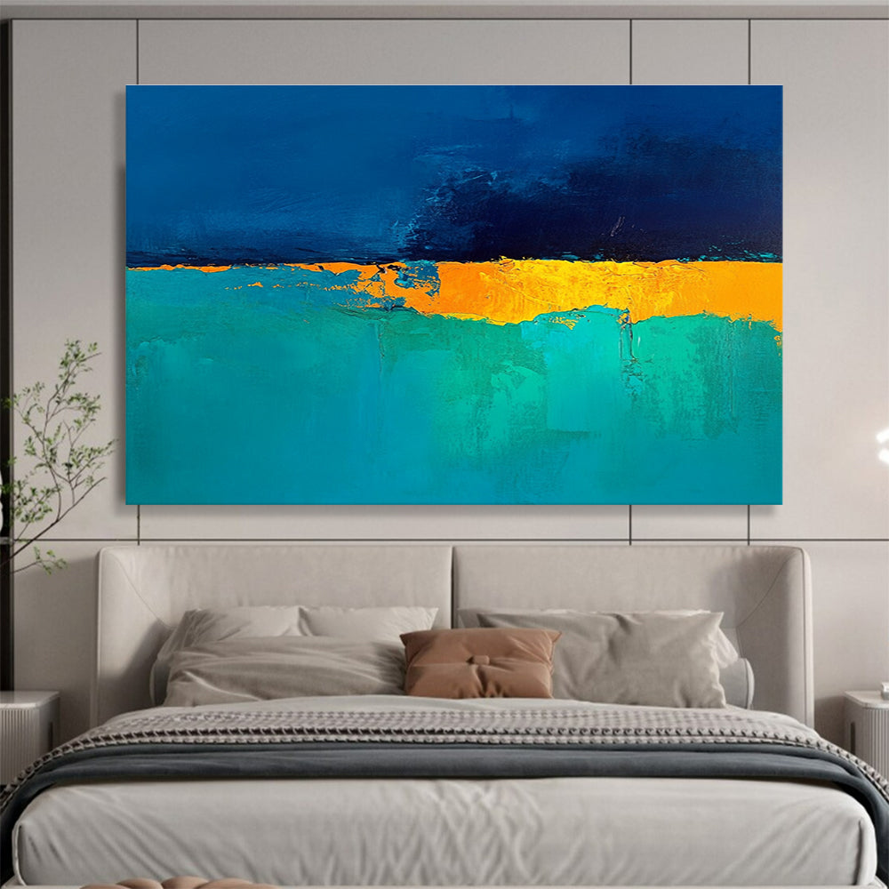 Large abstract painting in deep blue and turquoise with a golden yellow horizon perfect for enhancing modern interiors.SC524