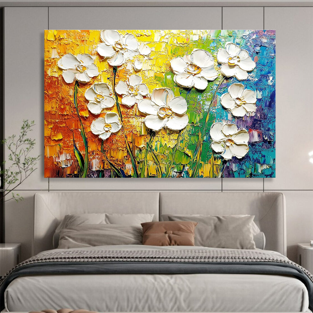 Vibrant abstract painting of white flowers on a textured canvas showcasing intricate details and celebrating the beauty of nature.SC271