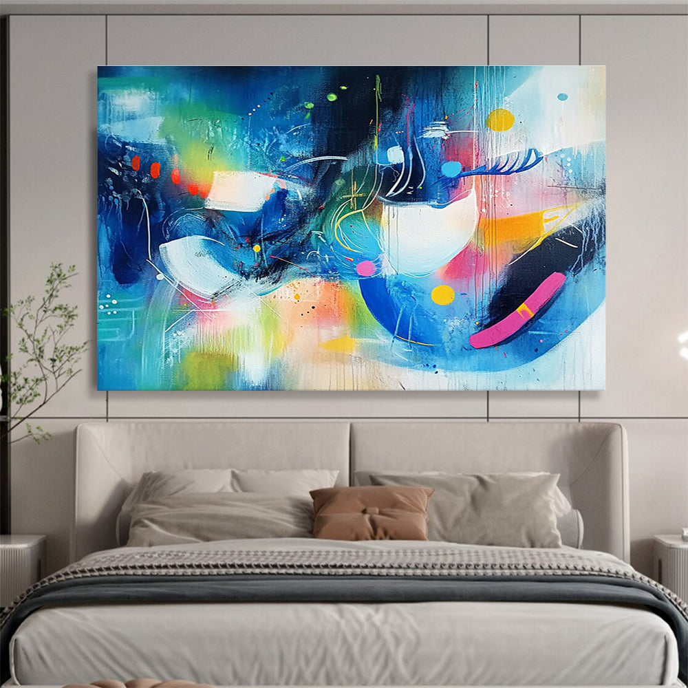 Vibrant abstract painting featuring colorful shapes and lines in shades of blue and green with bright accents, embodying a sense of dynamic movement.SC216