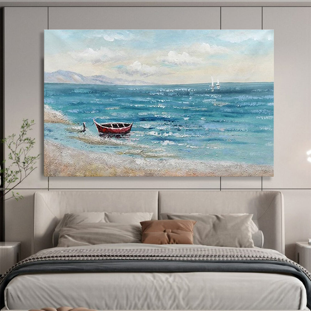 Seaside Boat Abstract Painting with Blue, Red, and White Tones THY224