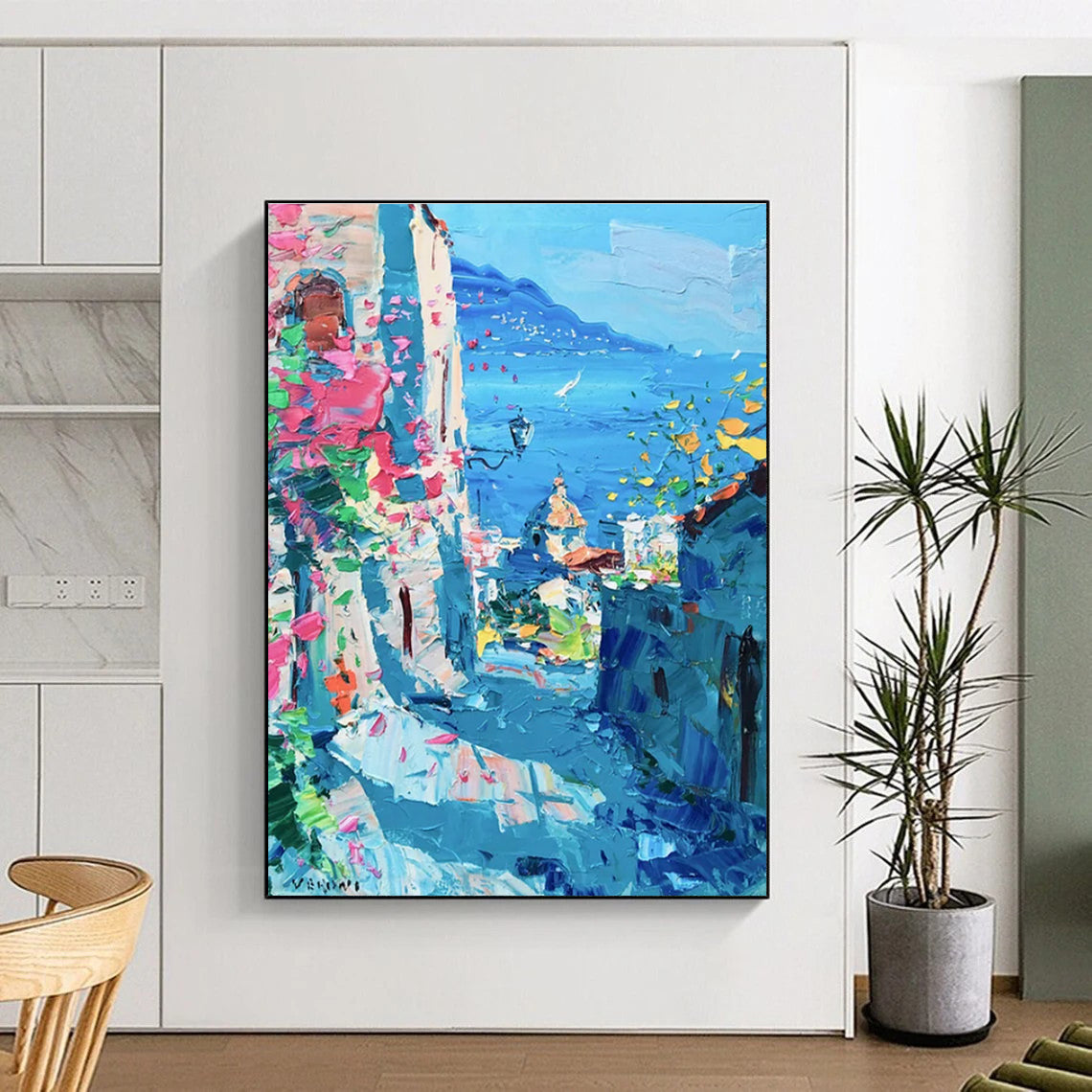 Coastal Town Abstract Painting with Blue and Pink Hues ADGE530