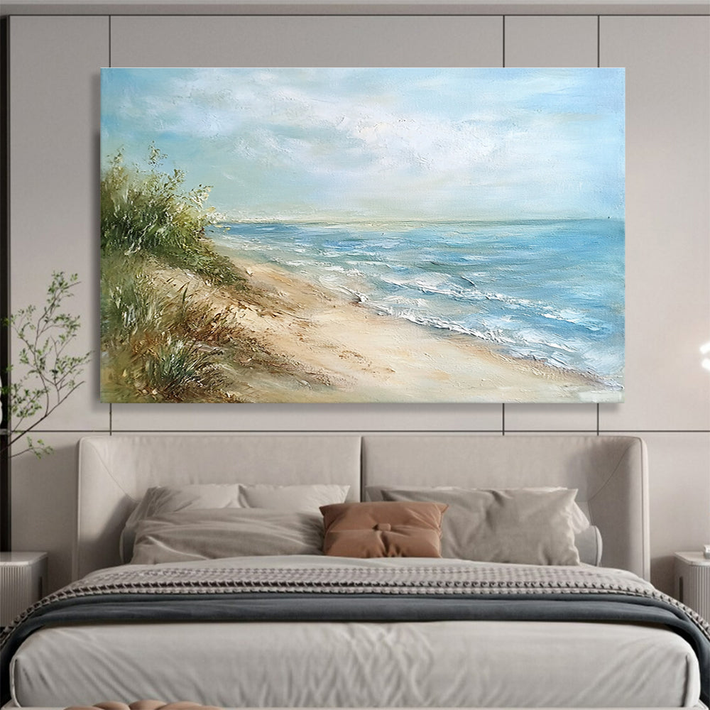 Serene Beach View Abstract Painting with Blue and Green Tones DYP569