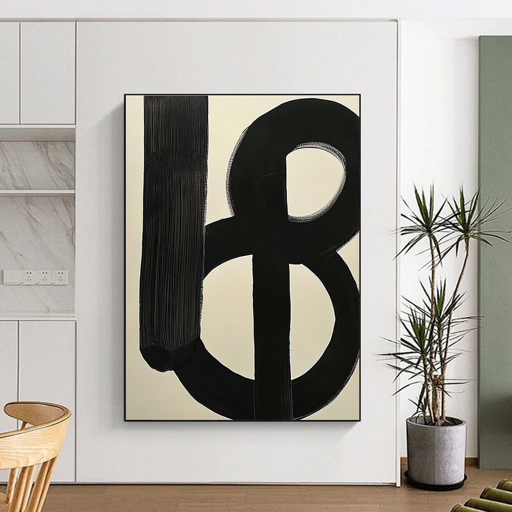 Large abstract painting featuring simple black and white shapes inspired by Jackson Pollock's style.STSC378