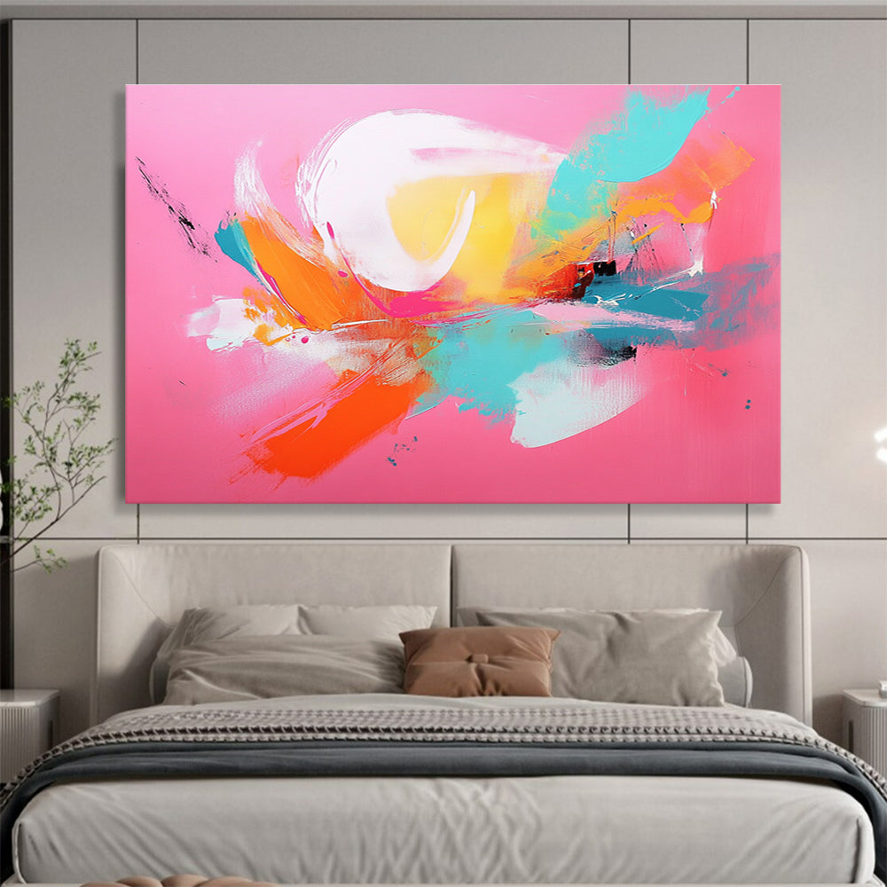 Large abstract painting with a pink background and vibrant orange and teal accents showcasing dynamic brush strokes.SC224