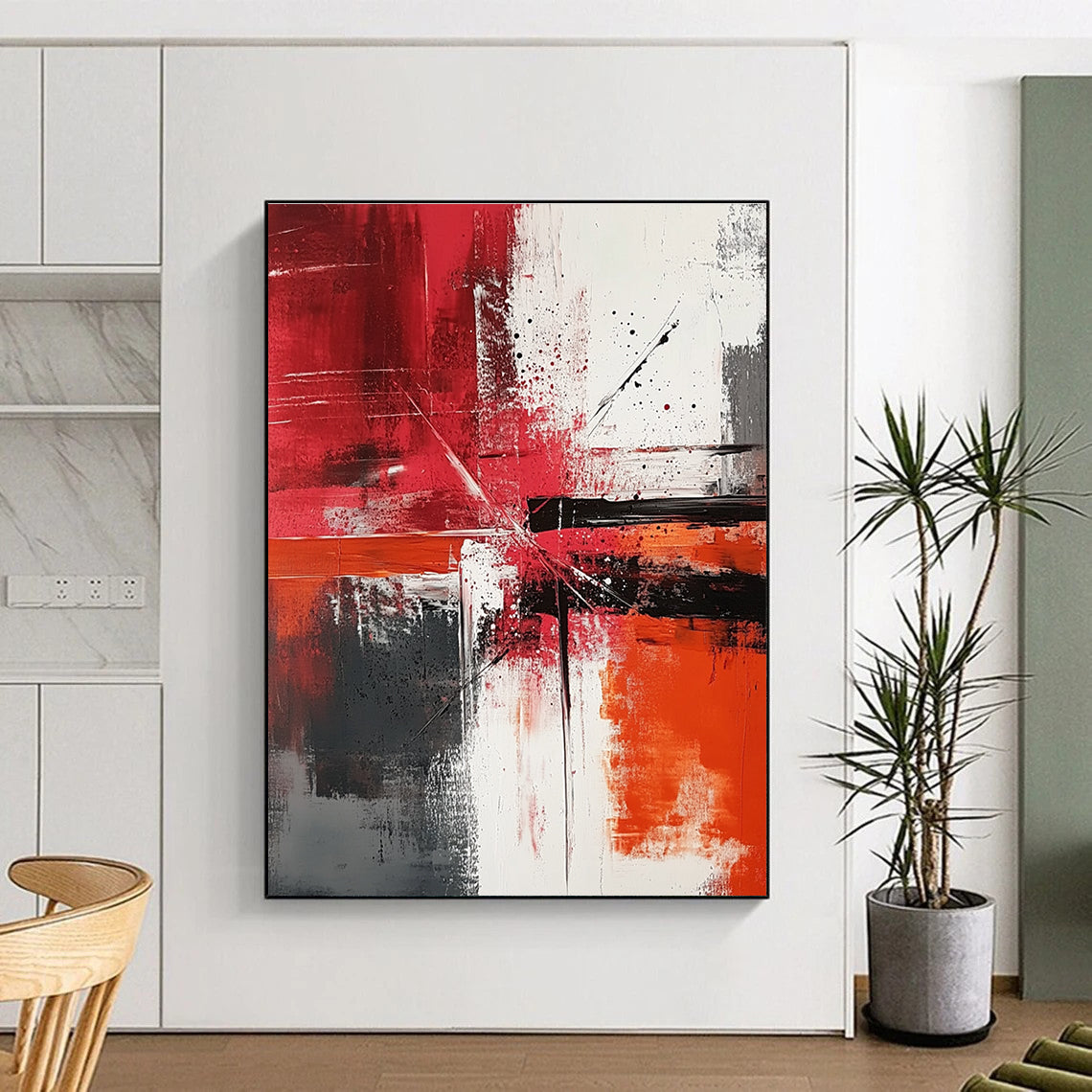 Large abstract painting featuring dynamic brush strokes and color splashes in reds whites and greys creating a sense of movement and harmony.STSC1357