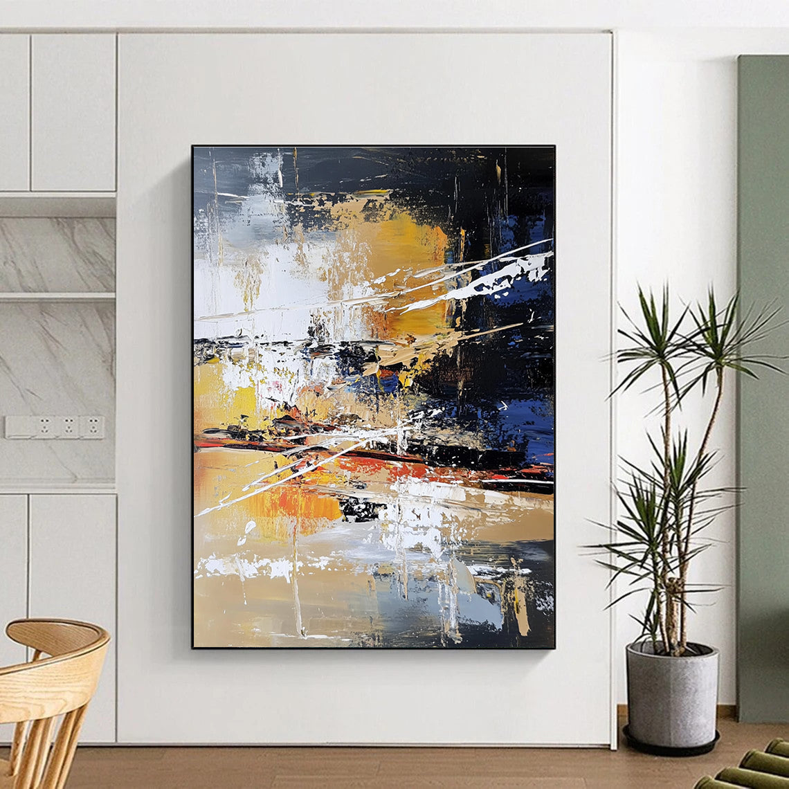 Large abstract painting features layers of colors and textures with white lines depicting water trees and a river in an urban landscape.STSC766