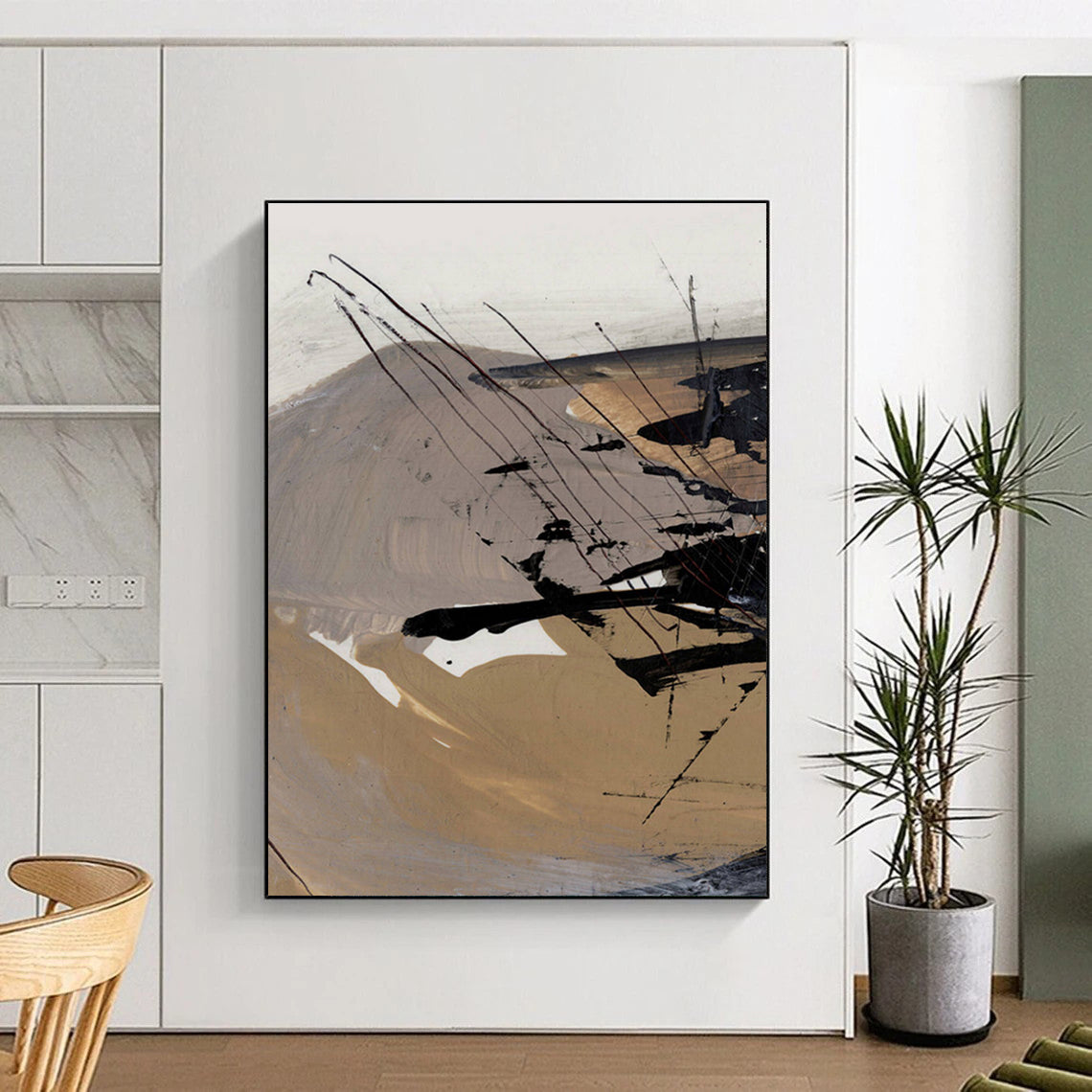 Earth - toned Abstract with Dynamic Black Lines Painting ADGE201