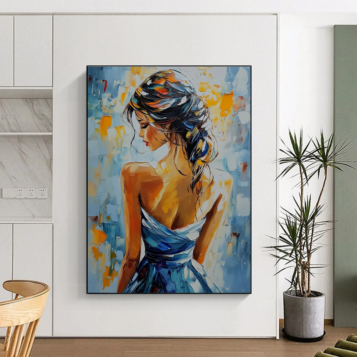 A large abstract painting featuring a woman in an elegant dress with vibrant colors and rich texture, capturing beauty and grace.STSC903