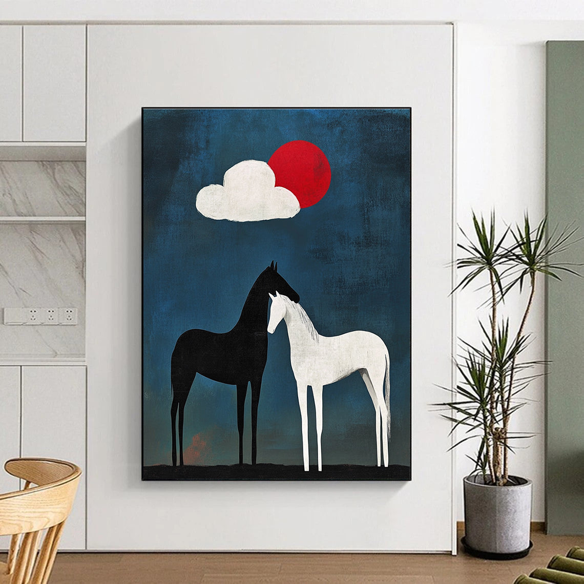 Large abstract painting featuring a black horse with white legs and tail beside another horse under an egg-shaped cloud against a blue background with a red sun.STSC916