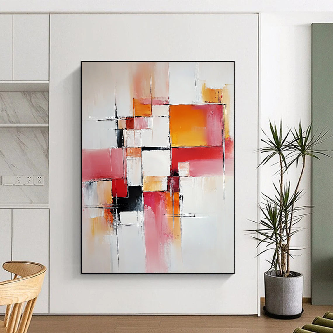 Pink Orange and White Abstract Painting with Geometric Shapes GER681