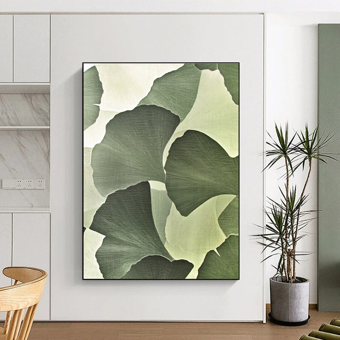 Large abstract painting featuring ginkgo leaves in strong geometric elements with silk-like texture and high-definition detail on a light green and white background.STSC942
