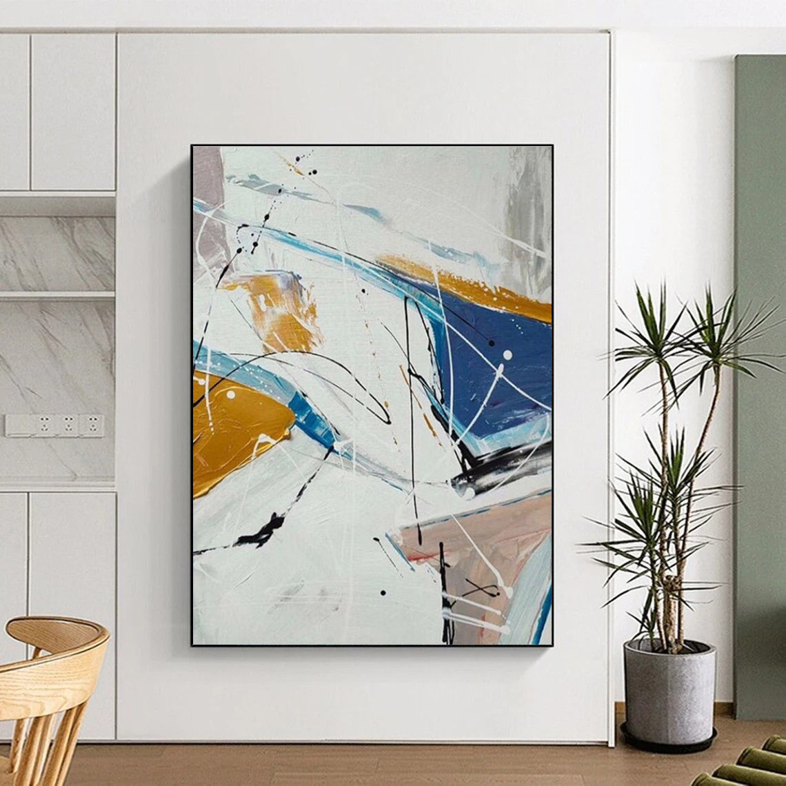 White Blue Yellow Black Abstract Painting ADGE049