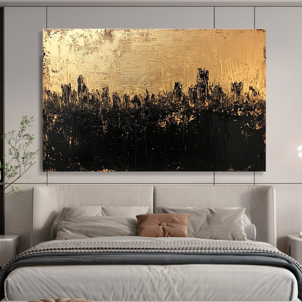 Large abstract painting in gold and black featuring a textured surface that captures a dark cityscape with an atmospheric moody quality.SC143