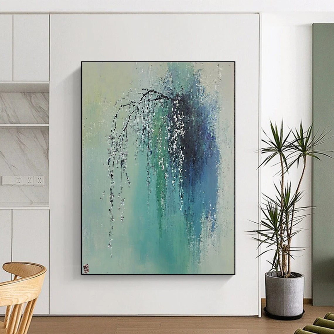 Large abstract painting of a willow tree with silver dewdrops soft colors and a misty rain in spring inspired by Zao Wou-Ki.STSC1038
