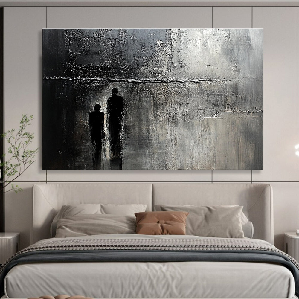 Abstract painting of an old textured wall with cracks and stains, featuring a faint silhouette, evoking mystery and deep emotion.SC446