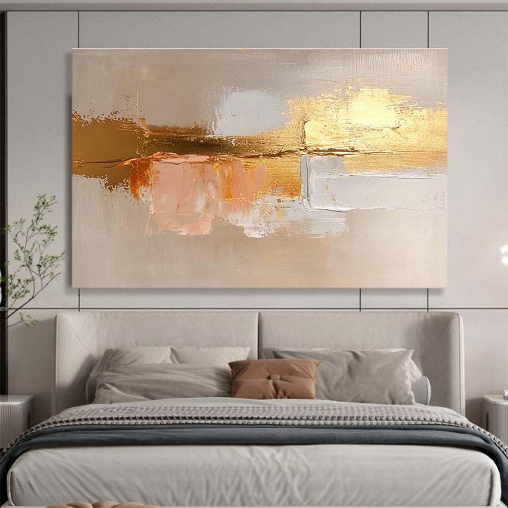 Large abstract painting in beige and gold, featuring soft brush strokes and textured canvas for a serene and elegant atmosphere.SC218