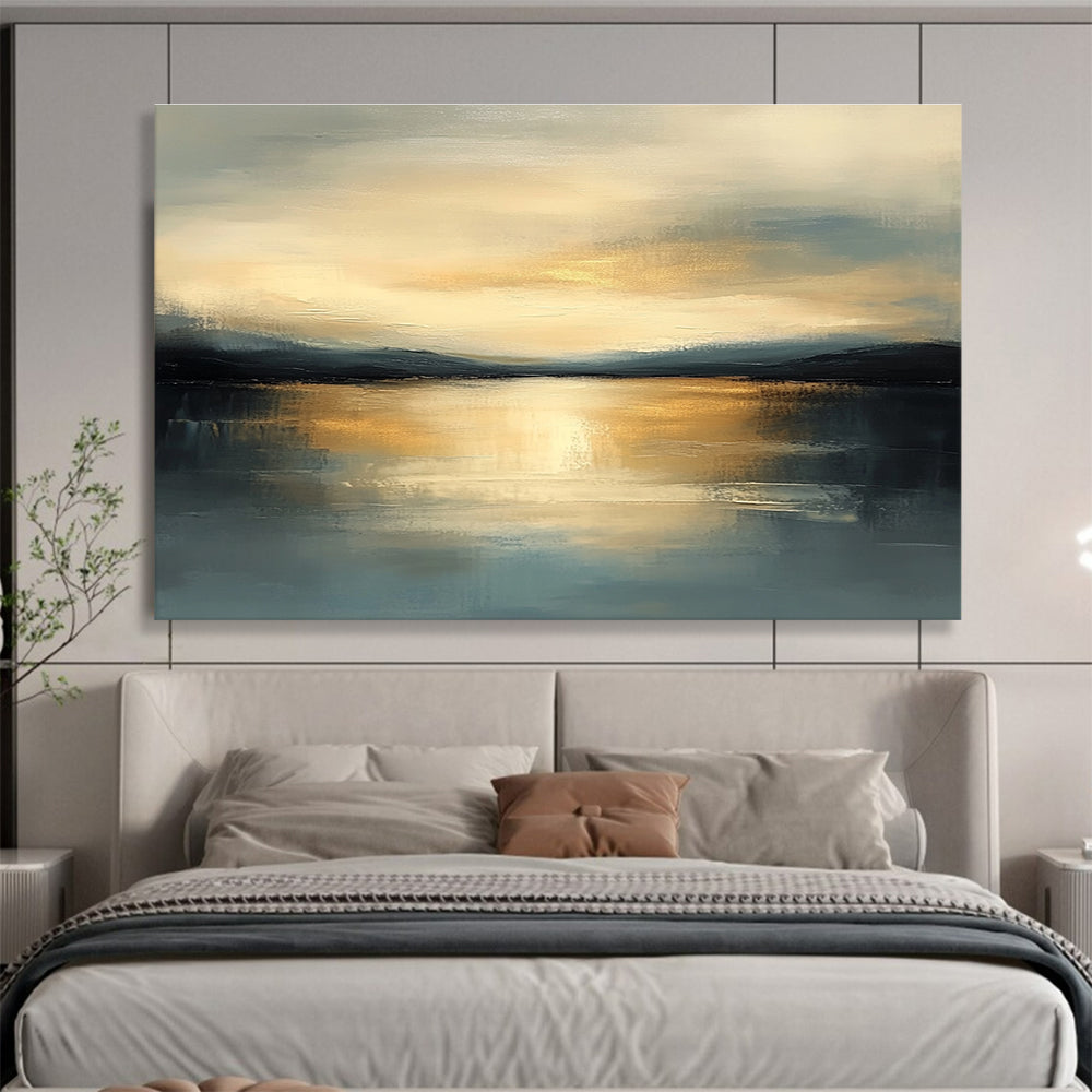 Serene Sunset Landscape Abstract Painting with Golden and Blue Hues DYP224