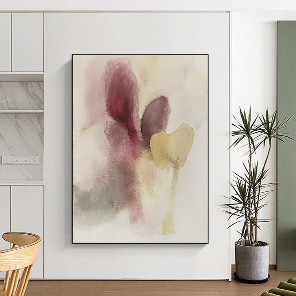 Large abstract painting featuring muted colors soft shapes resembling eggplant and flowers with subtle hints of faces in watercolor.STSC503