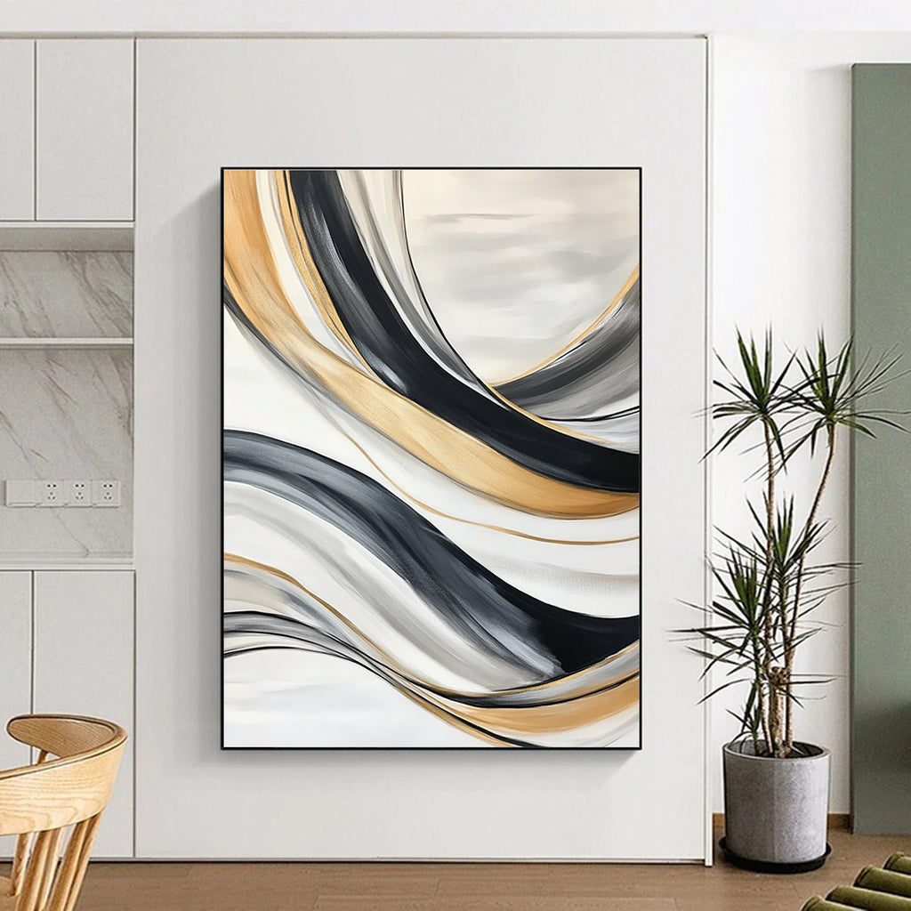 Large abstract painting with black gray and white lines featuring flowing forms swirling vortices soft edges blurred details and a gold accent.STSC739