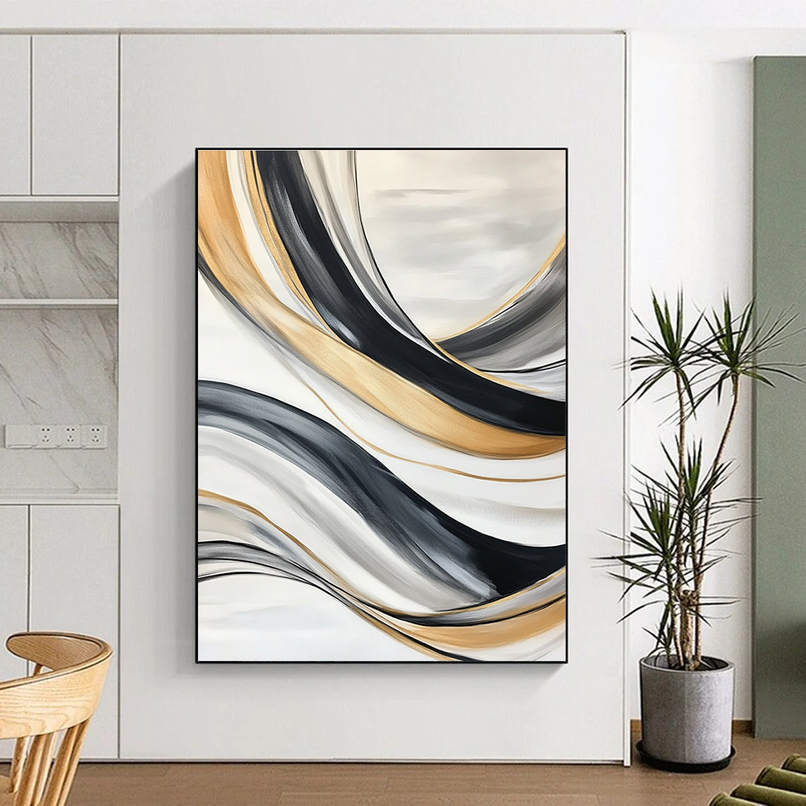 Large abstract painting with black gray and white lines featuring flowing forms swirling vortices soft edges blurred details and a gold accent.STSC739
