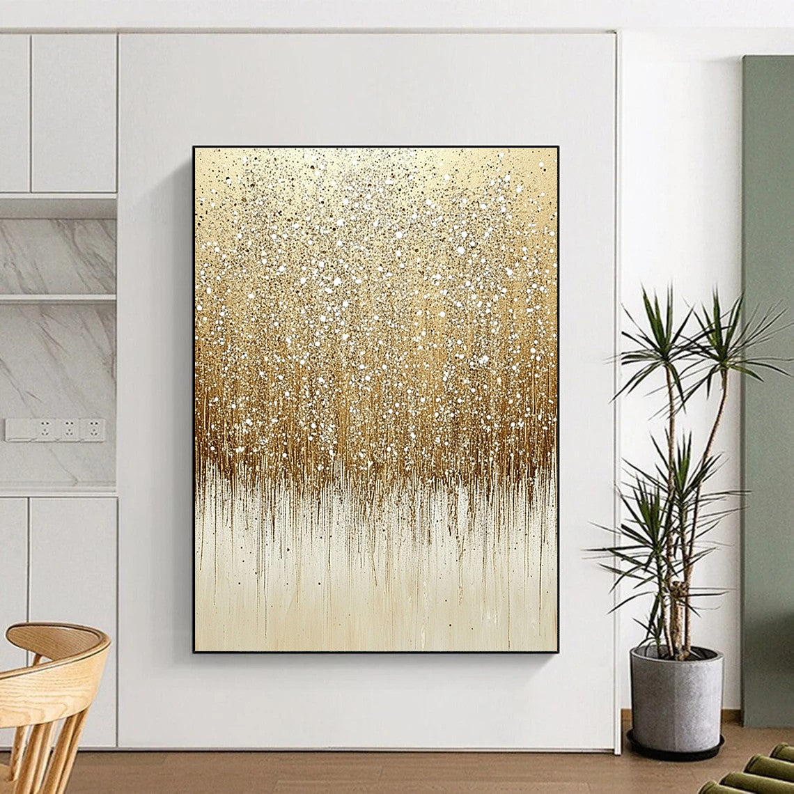 Large abstract painting of glittering sand with ombre beige and white colors featuring numerous sparkles on a clean background.STSC681