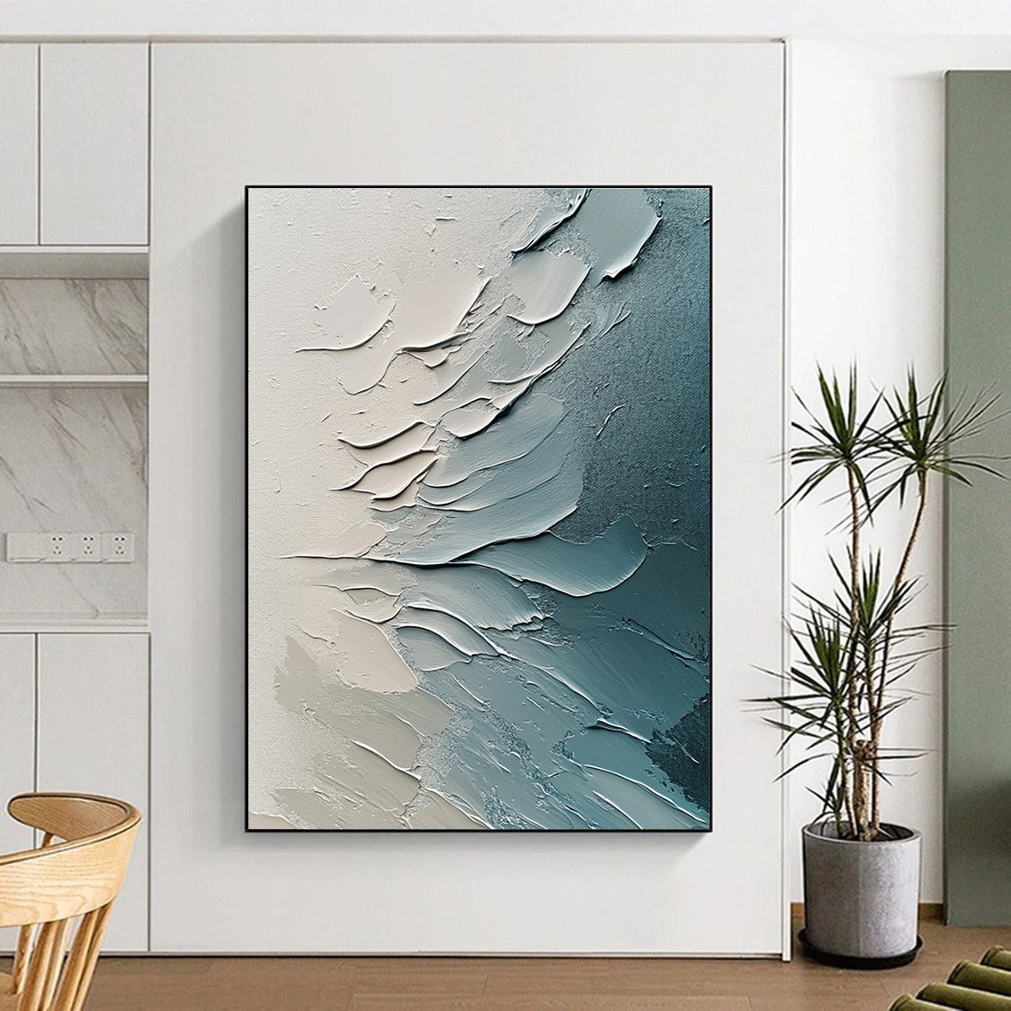 Blue Gray and White Textured Abstract Painting with Layered Brushstrokes GER648