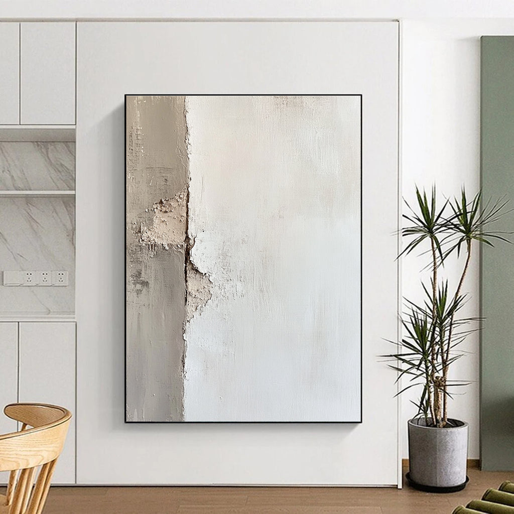 Large abstract painting of an off-white wall with textured brushwork showcasing peeling paint and soft edges in subtle tonal values.STSC653