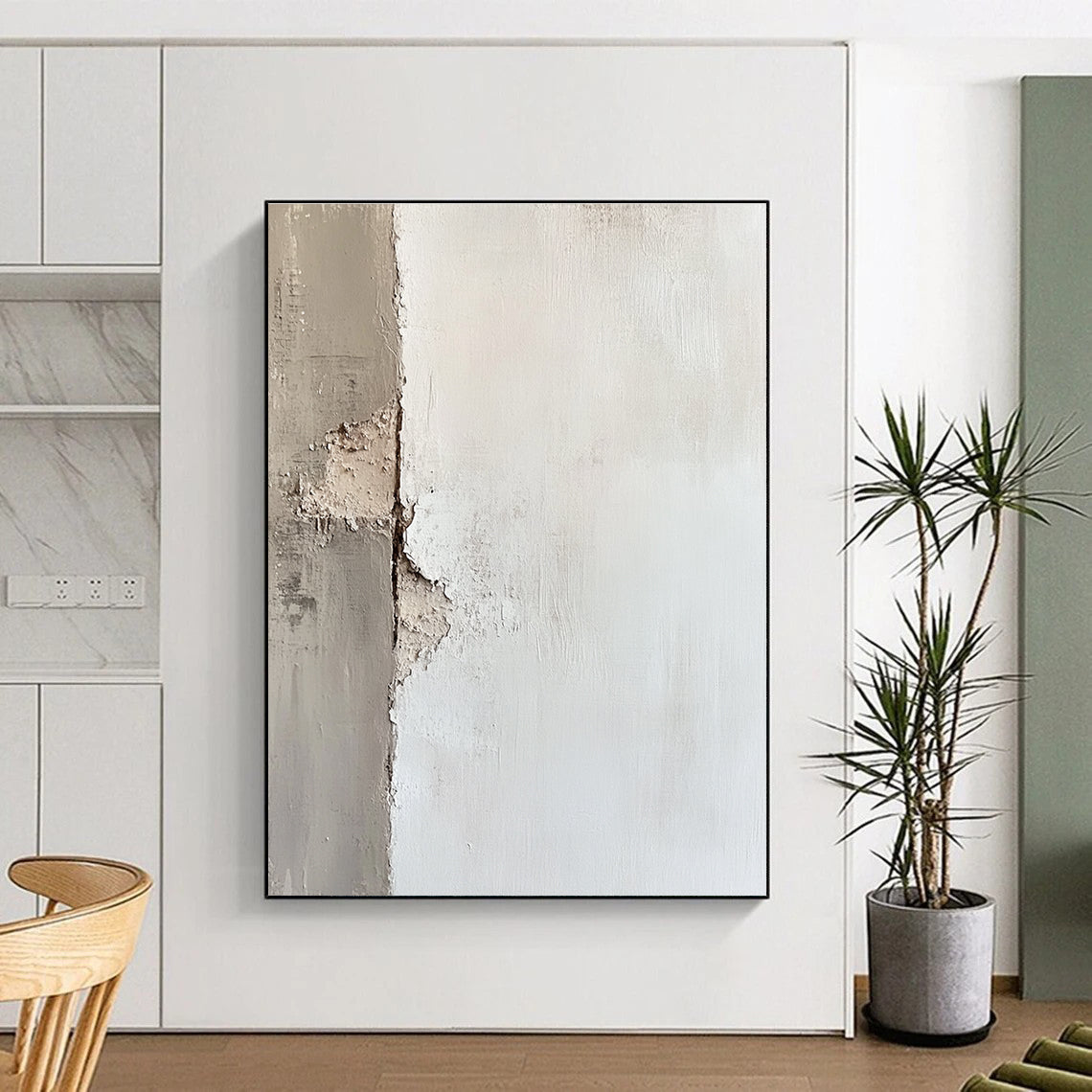 Large abstract painting of an off-white wall with textured brushwork showcasing peeling paint and soft edges in subtle tonal values.STSC653