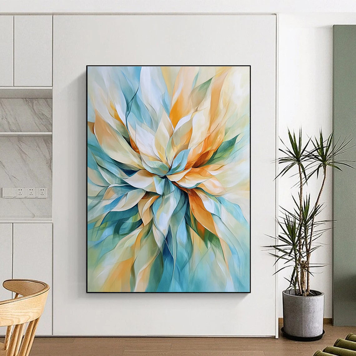 Abstract painting of a flower in light blue and beige with soft lines and pastel tones featuring accents of orange and green for depth.STSC670