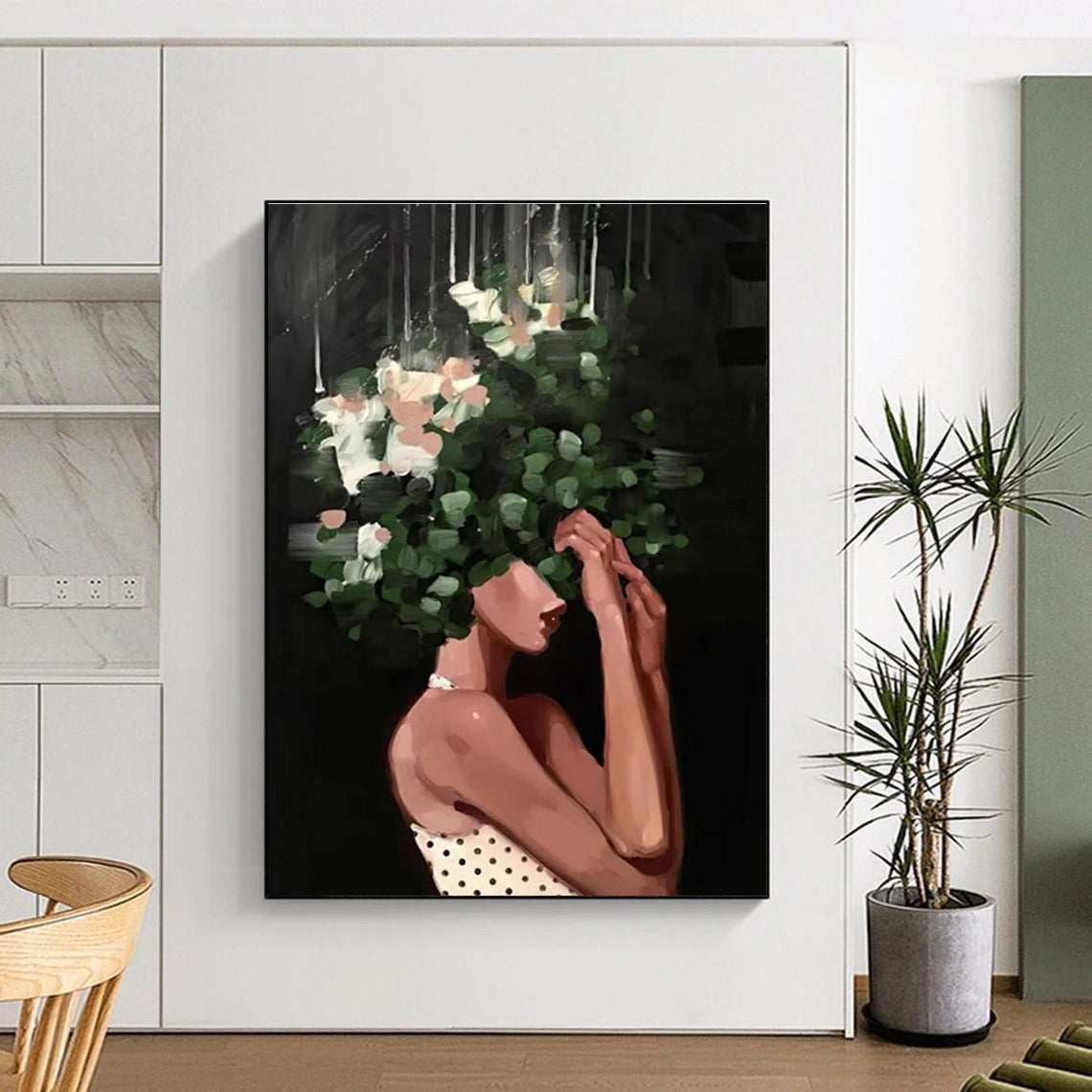 Floral Head Woman Abstract Painting with Green and White Flowers ADGE323