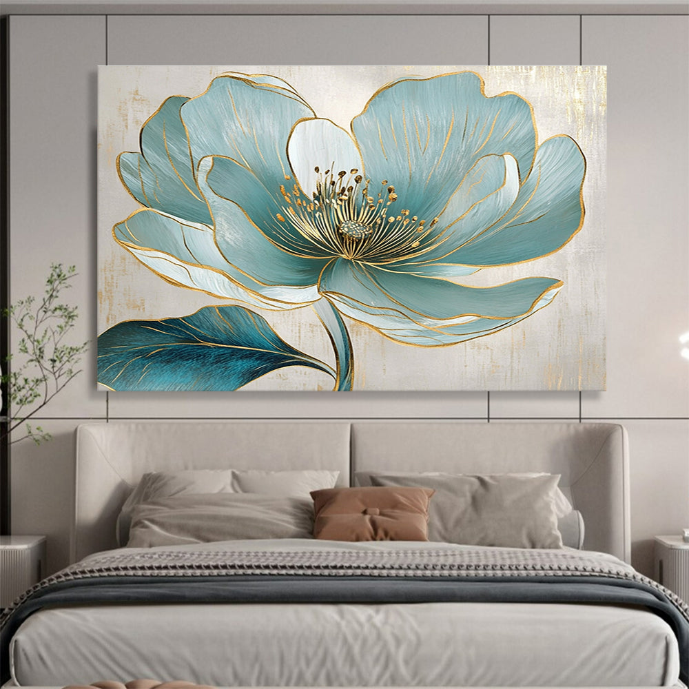 A large abstract painting featuring a turquoise flower with golden lines and exquisite realism on a beige background with elegant gray accents.SC423