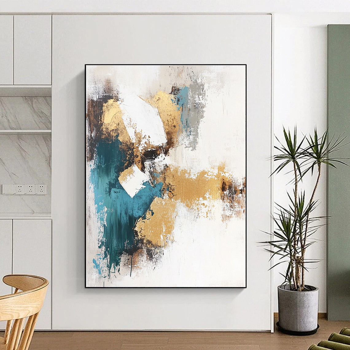 Large abstract painting in beige and teal tones featuring gold foil accents on a white background. Perfect for modern decor.STSC211