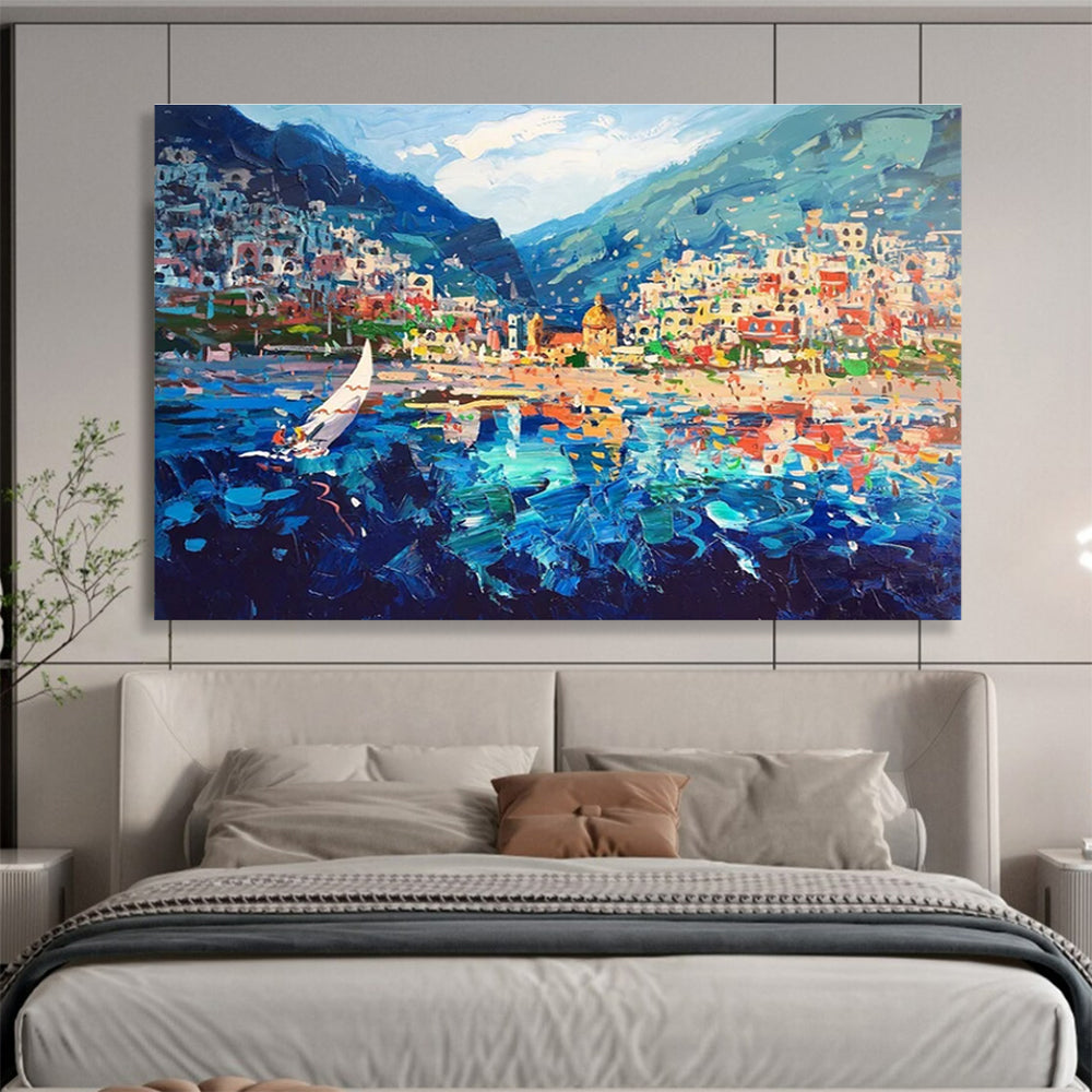 Coastal Town with Sailboat Abstract Painting THY439