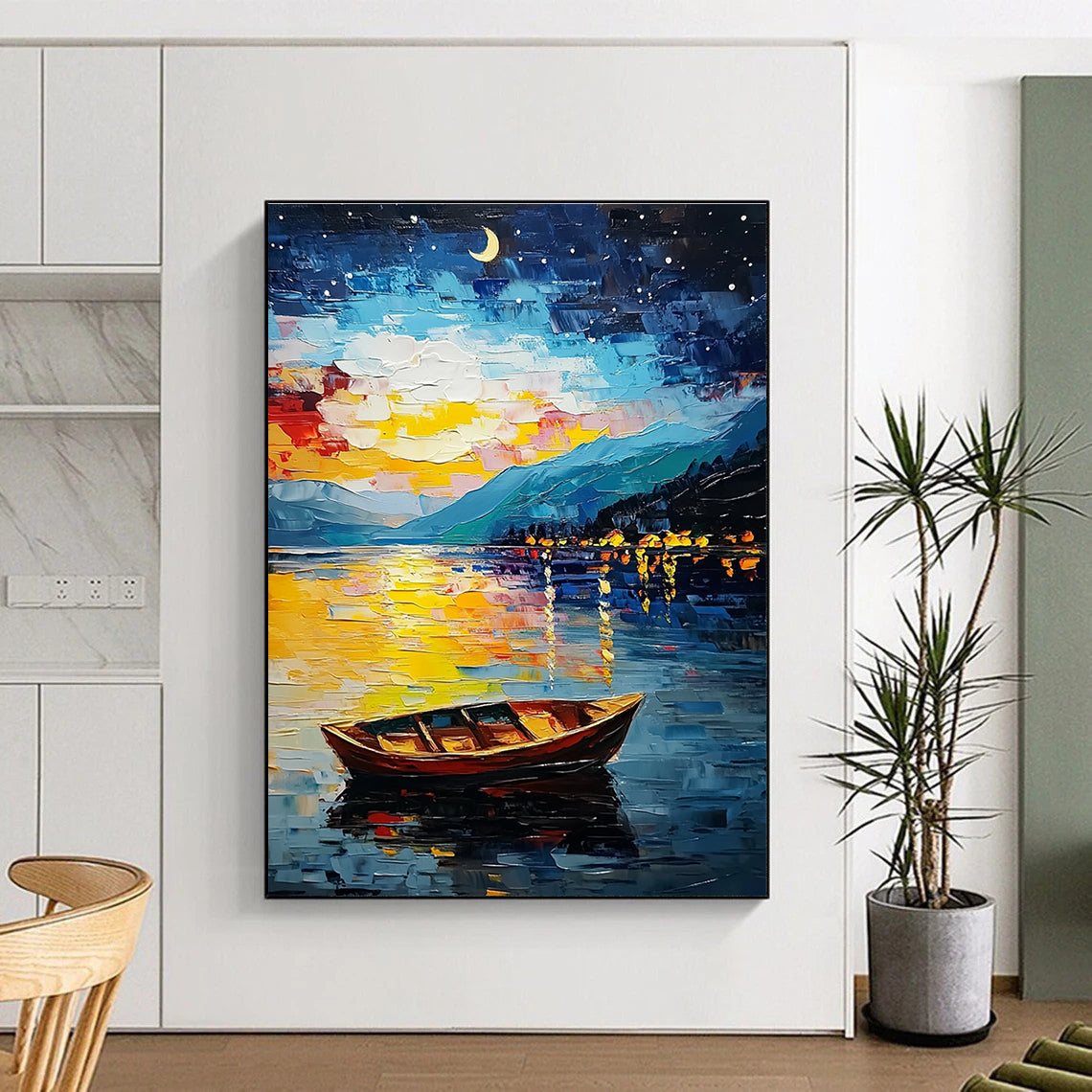 Large Abstract Painting of Lake Tahoe at night featuring stars moon colorful sky small boat mountain reflections in vibrant oil paint style.STSC1132