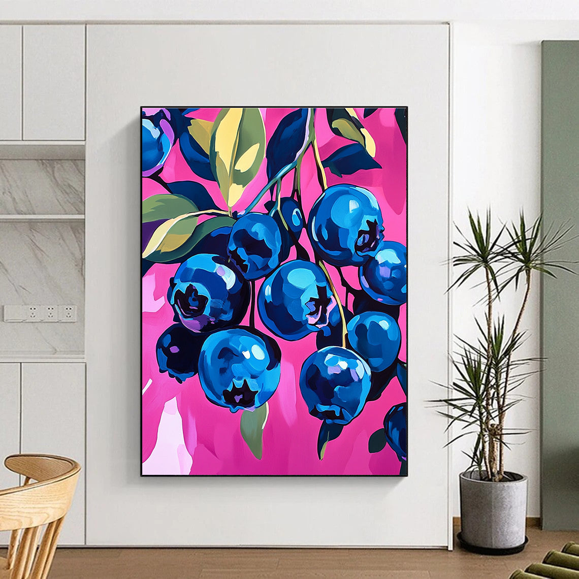 A large abstract painting of vibrant blueberries on a pink background featuring bold brushstrokes and dynamic textures that enhance any space.STSC1226