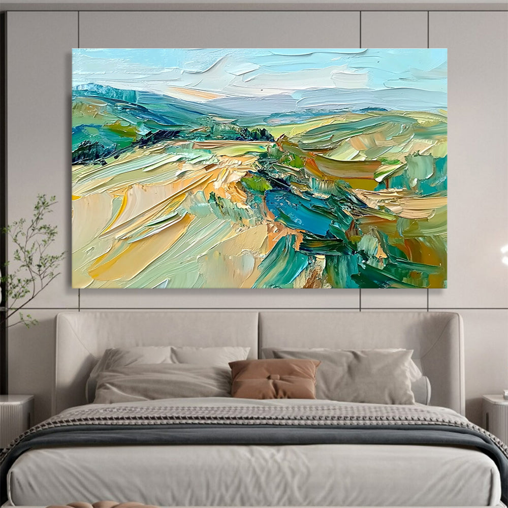 Large abstract oil painting of the French countryside featuring impasto strokes in green, blue, beige, and brown for a natural earthy feel.SC127