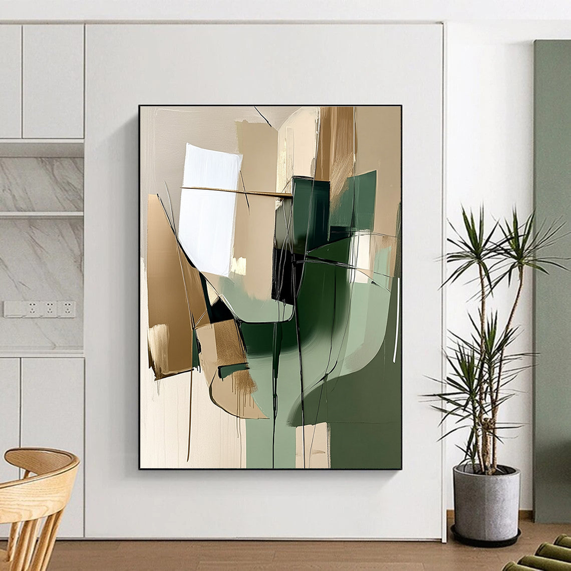 Green and Beige Abstract Painting with Dynamic Lines GER442