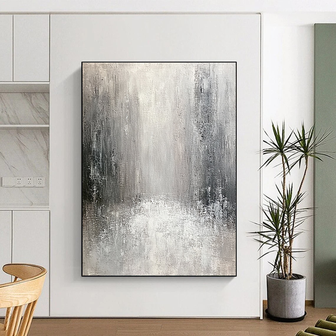 Large abstract painting of an old city featuring textured canvas in neutral tones with gray and white and silver accents creating an atmospheric perspective.STSC267