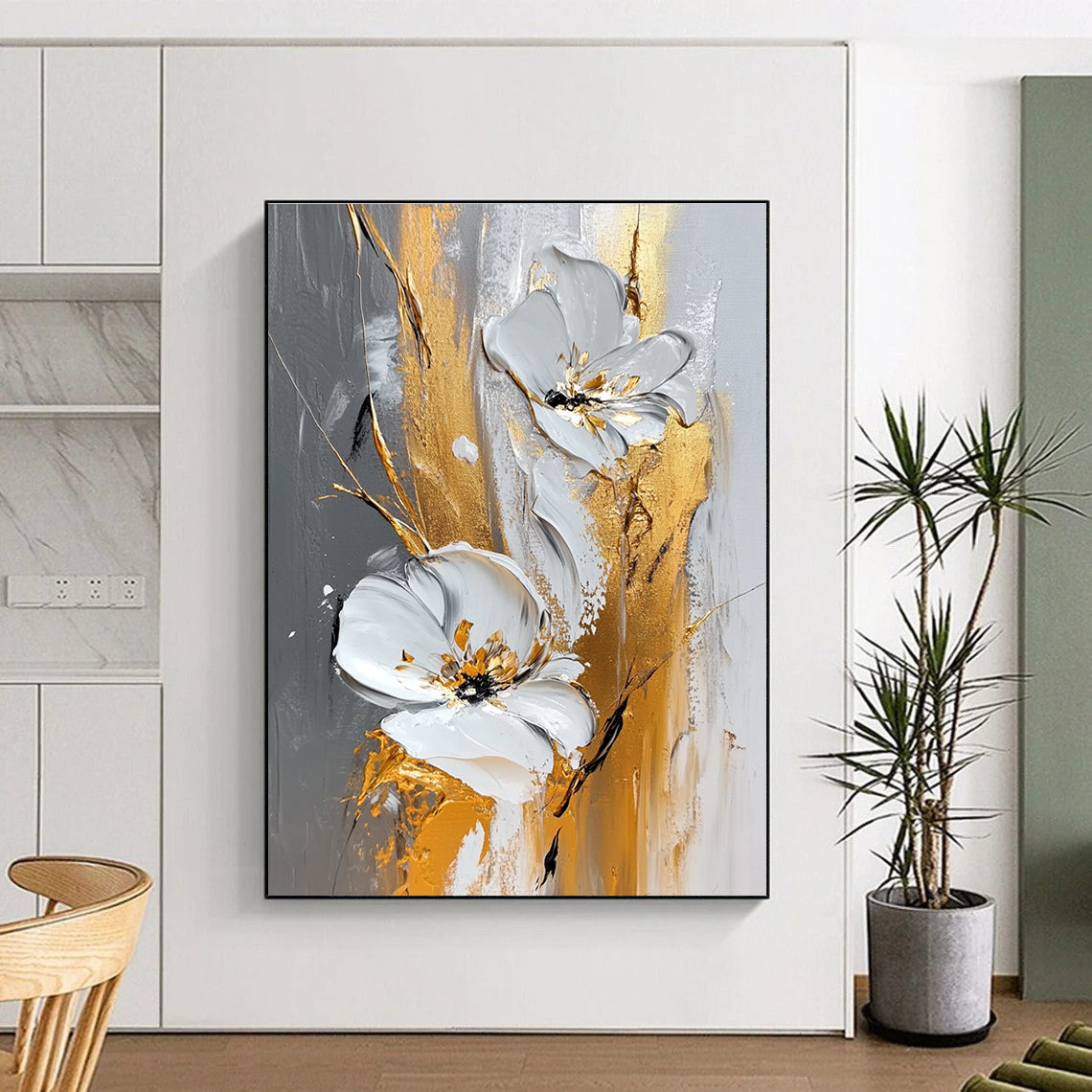 White Flower Gold Abstract Painting with 3D Textures GER603