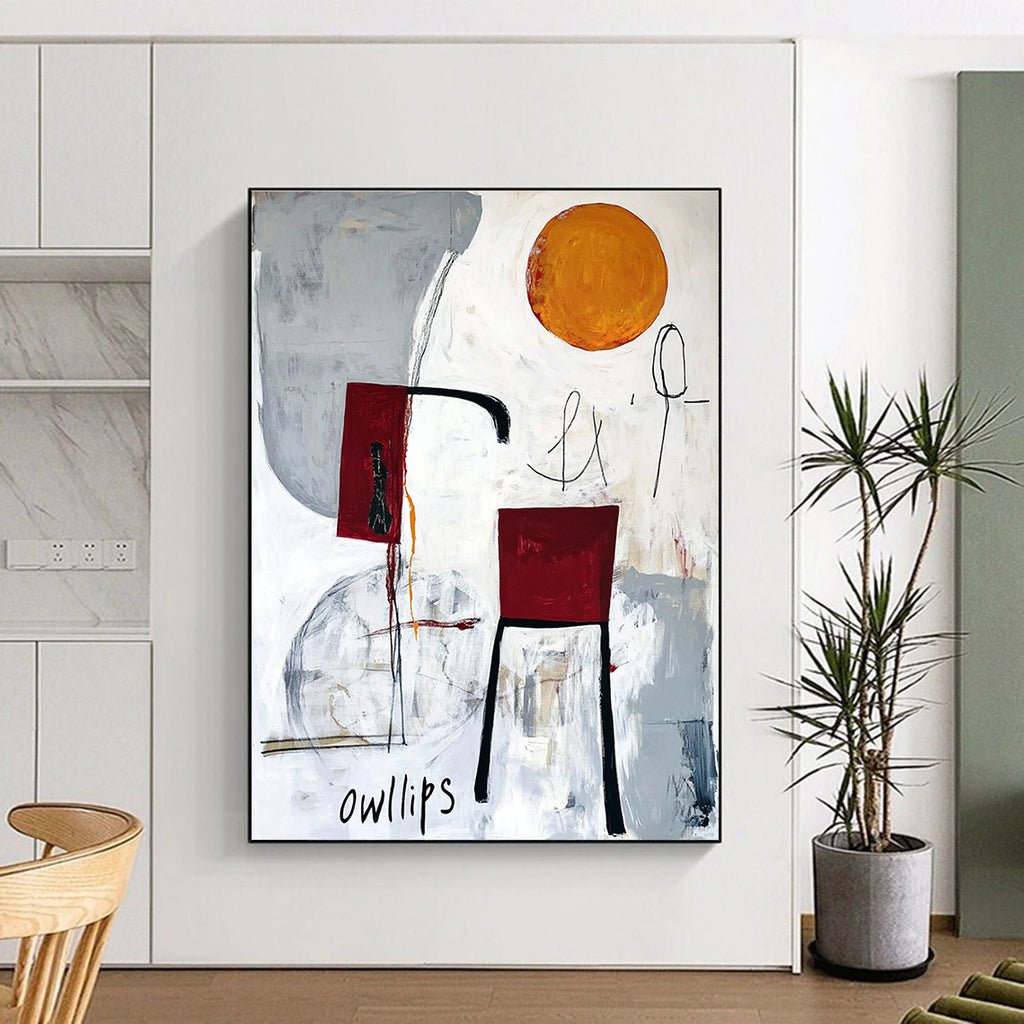 Abstract painting featuring white gray and red with moon chair legs orange circle black ink scribbles and hand drawn Owlips at the bottom.STSC828