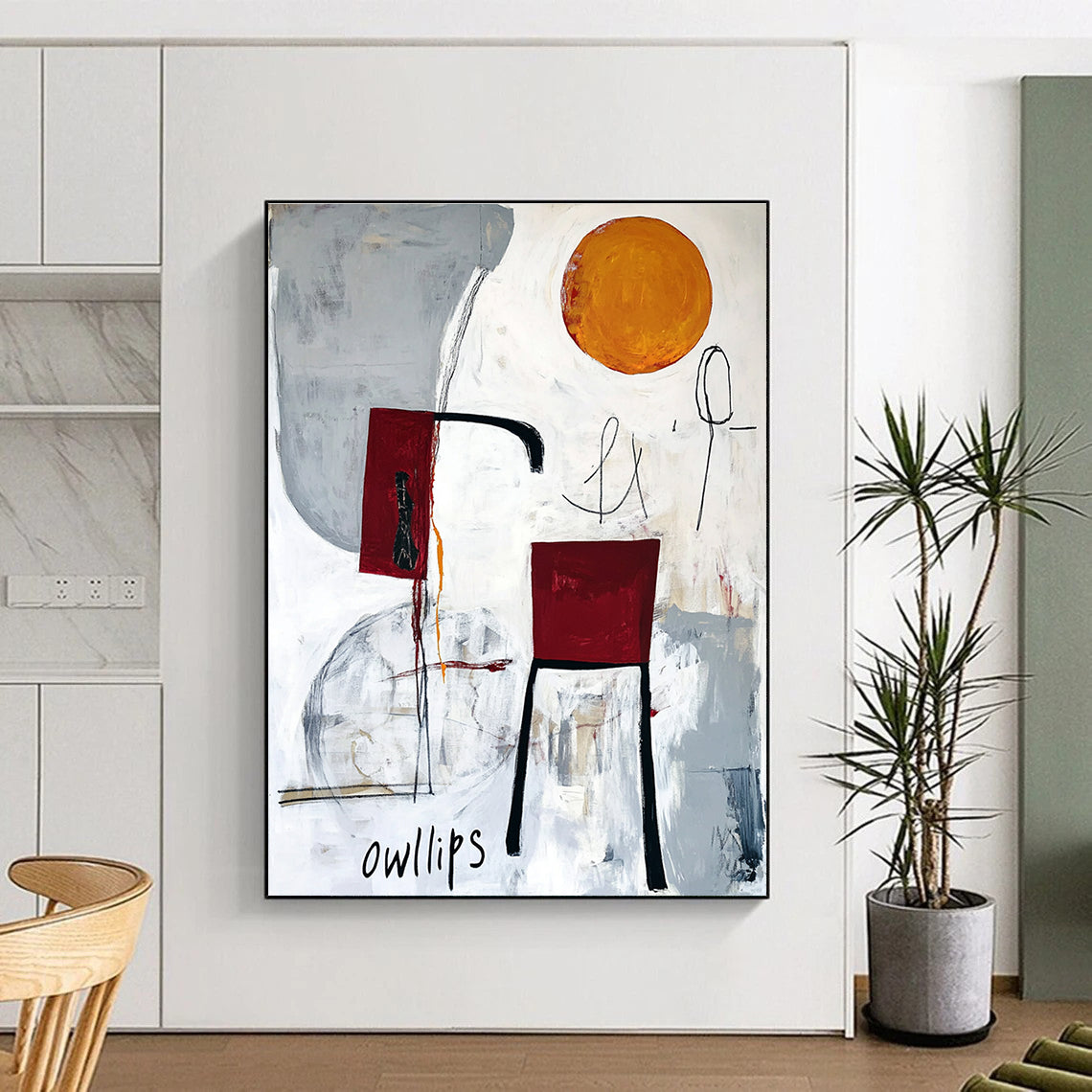 Abstract painting featuring white gray and red with moon chair legs orange circle black ink scribbles and hand drawn Owlips at the bottom.STSC828